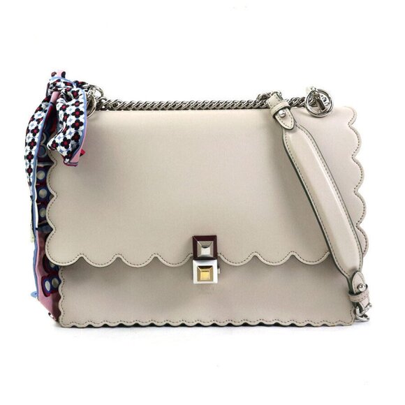 Auth FENDI Kan I Handbag Shoulder Bag and Scarf Light Gray Leather/Silk e60116a - Picture 1 of 16